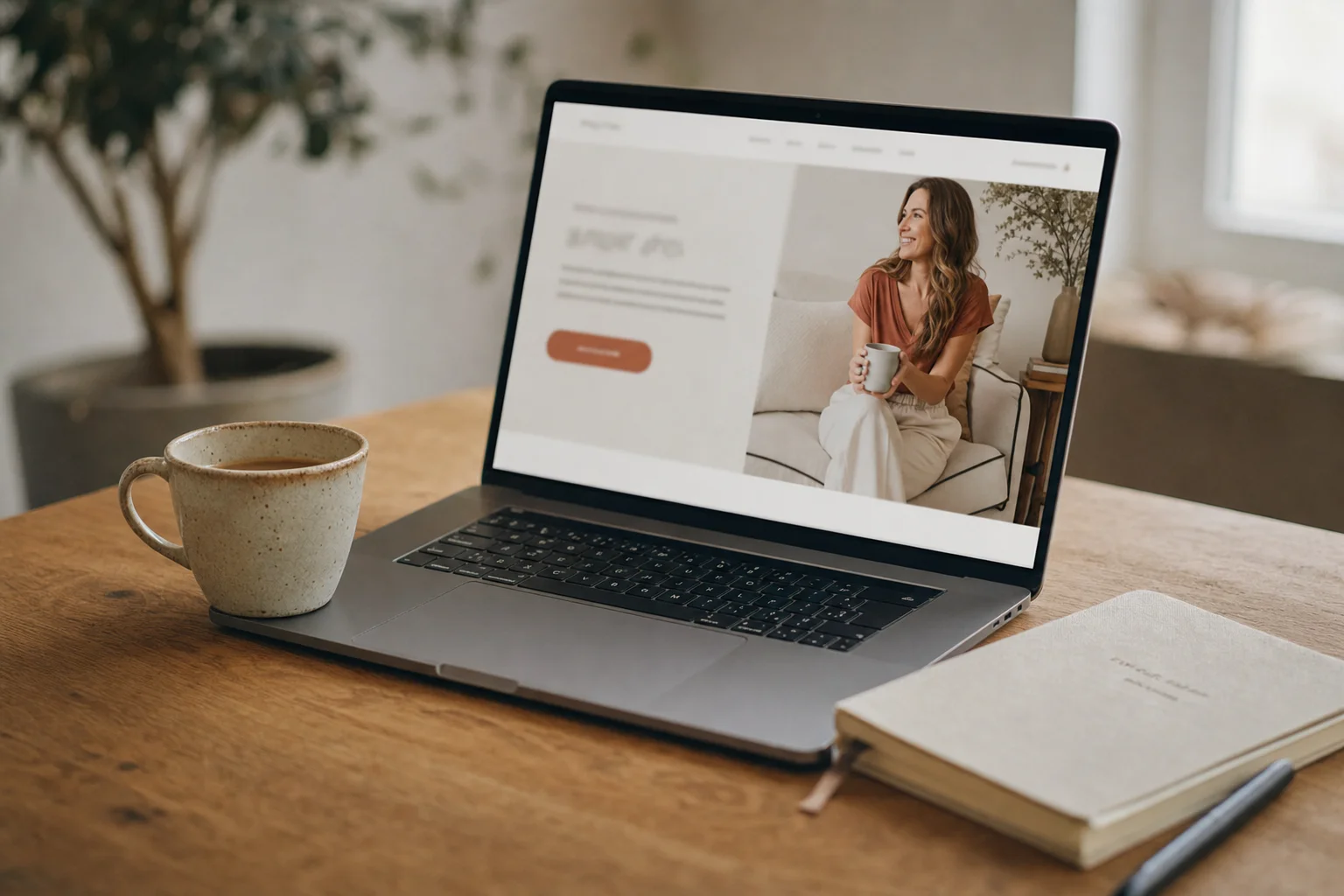 Un beau site de coach affiché sur un ordinateur portable : photo héro chaleureuse, blancs généreux et bouton d'action terracotta