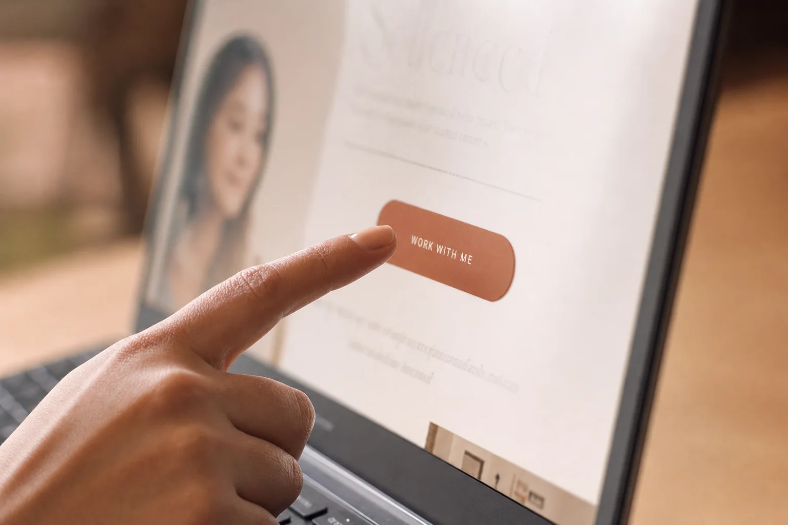 Un doigt s'apprête à appuyer sur le bouton d'action « Work with me » sur le site d'un coach