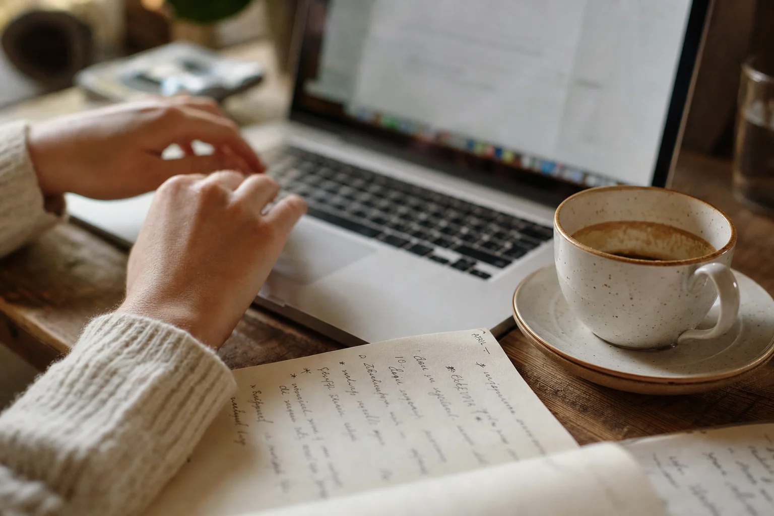 Les mains d'un indépendant au travail sur son ordinateur, à côté de notes manuscrites et d'un café — le sérieux d'une expertise qu'un site met en valeur et qu'un fil aplatit