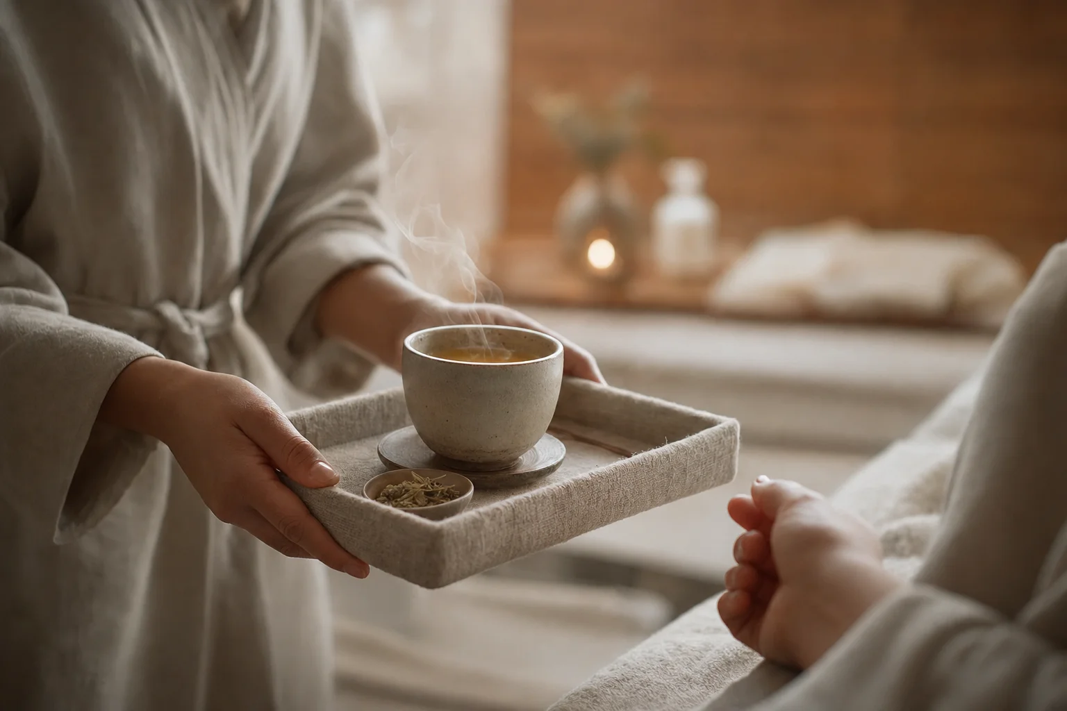 Des mains tendent une tasse d'infusion fumante sur un plateau en lin à une cliente assise dans une cabine sereine — la chaleur de l'accueil qu'un site transmet, et qu'une fiche de réservation aplatit