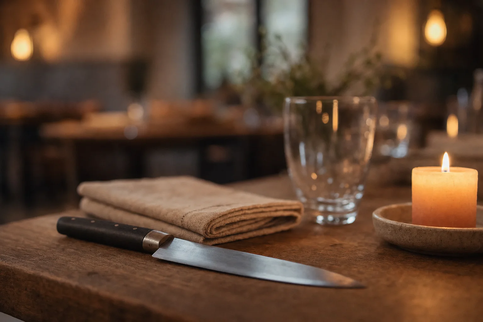Table dressée d'un restaurant à la tombée du soir, couteau de chef et nappe en lin au premier plan, salle chaleureuse floue en arrière-plan