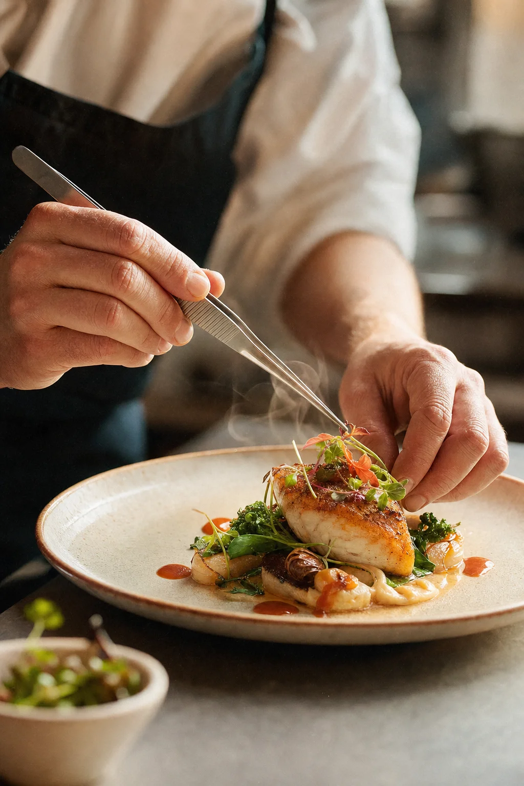 Les mains d'un chef qui dresse un plat avec soin — le sur-mesure en cuisine