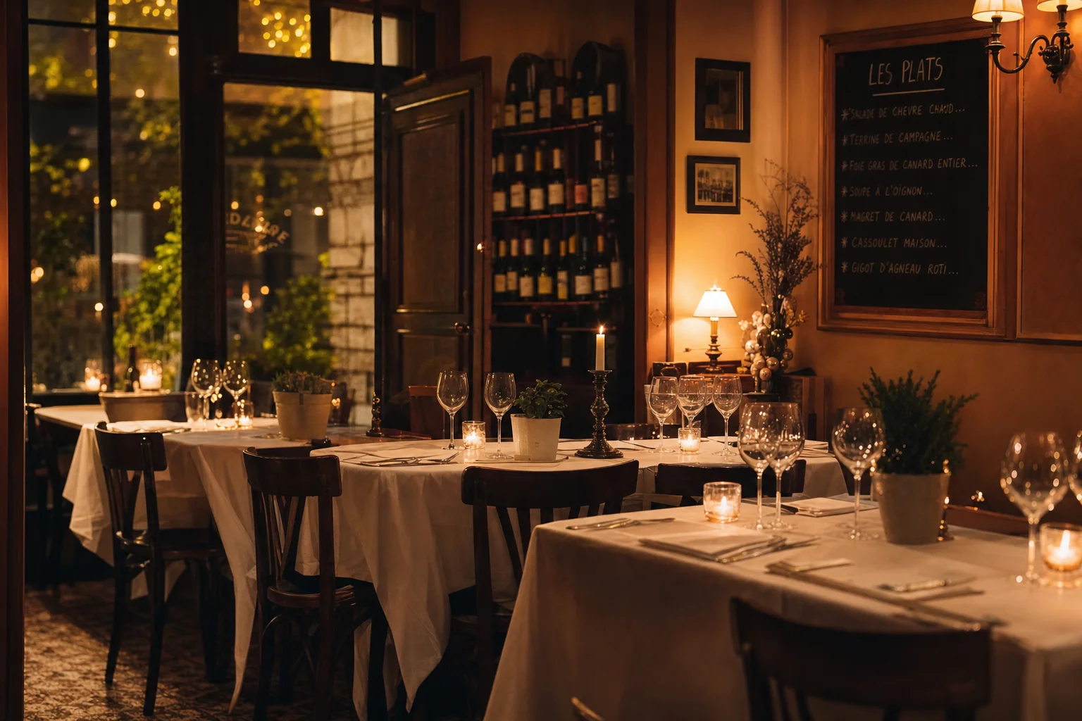 Salle de bistrot chaleureuse le soir, tables dressées et bougies — l'âme d'un restaurant